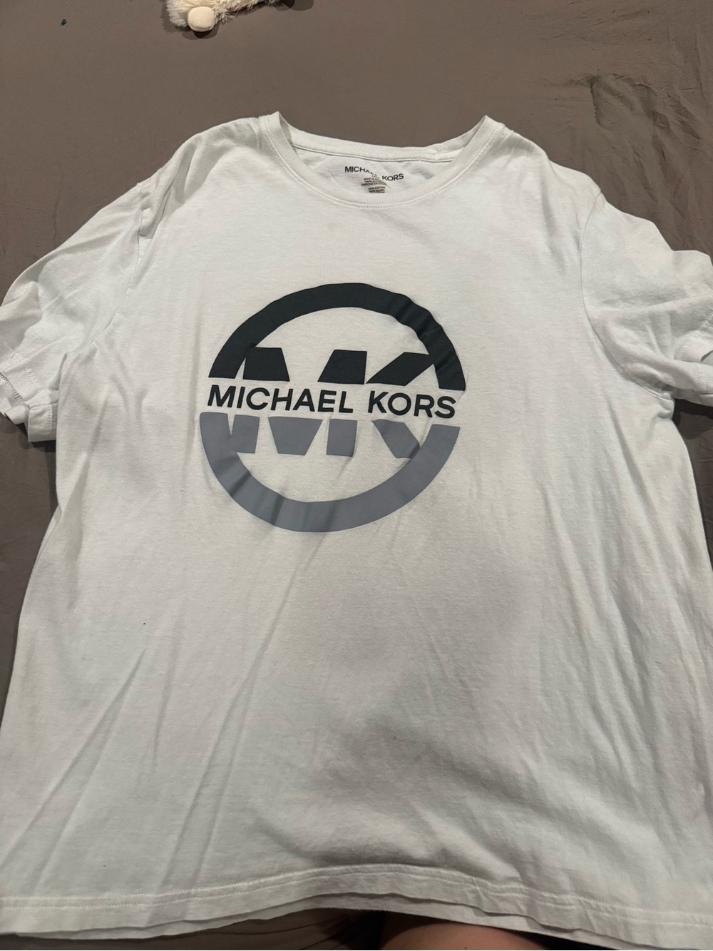 Michael Kors White Short-Sleeve Logo Tee with Gray Emblem
